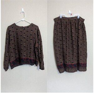 Vintage J.Jill  Dark Floral 2 Piece Skirt Top Size Large Lagenlook Artsy Folk